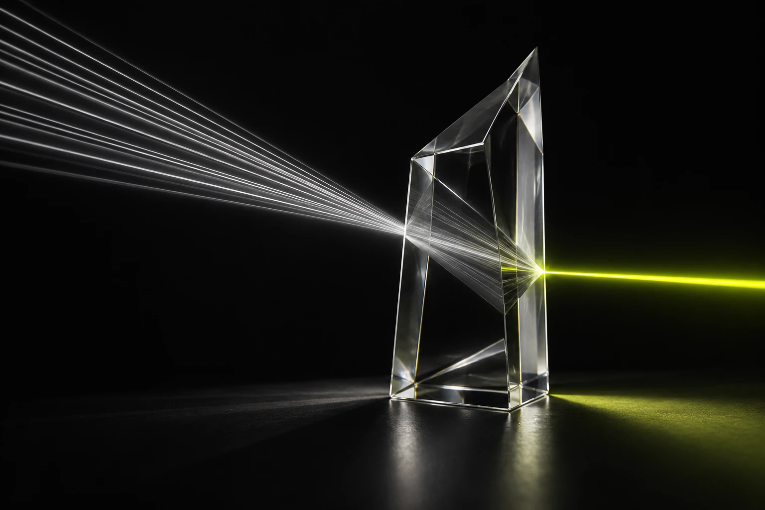 White light converging through an optical prism into a focused yellow beam
